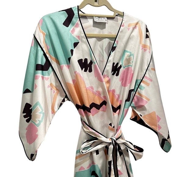 Mary McFadden Collection I Silky Kimono Robe Geometric Abstract Print Satin S - Picture 13 of 15